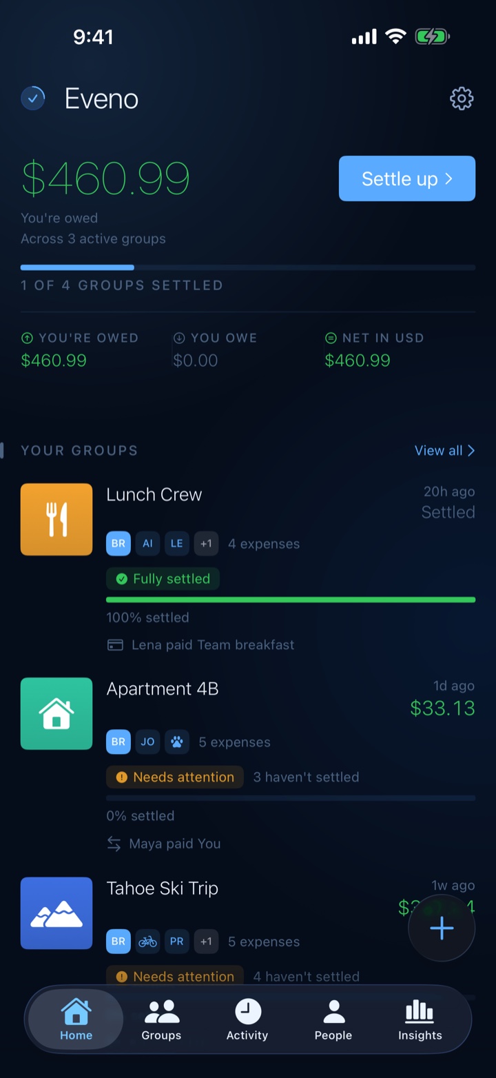 Eveno Home screen showing your net balance across every group