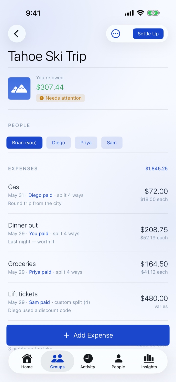 Eveno group detail screen listing expenses and who owes what