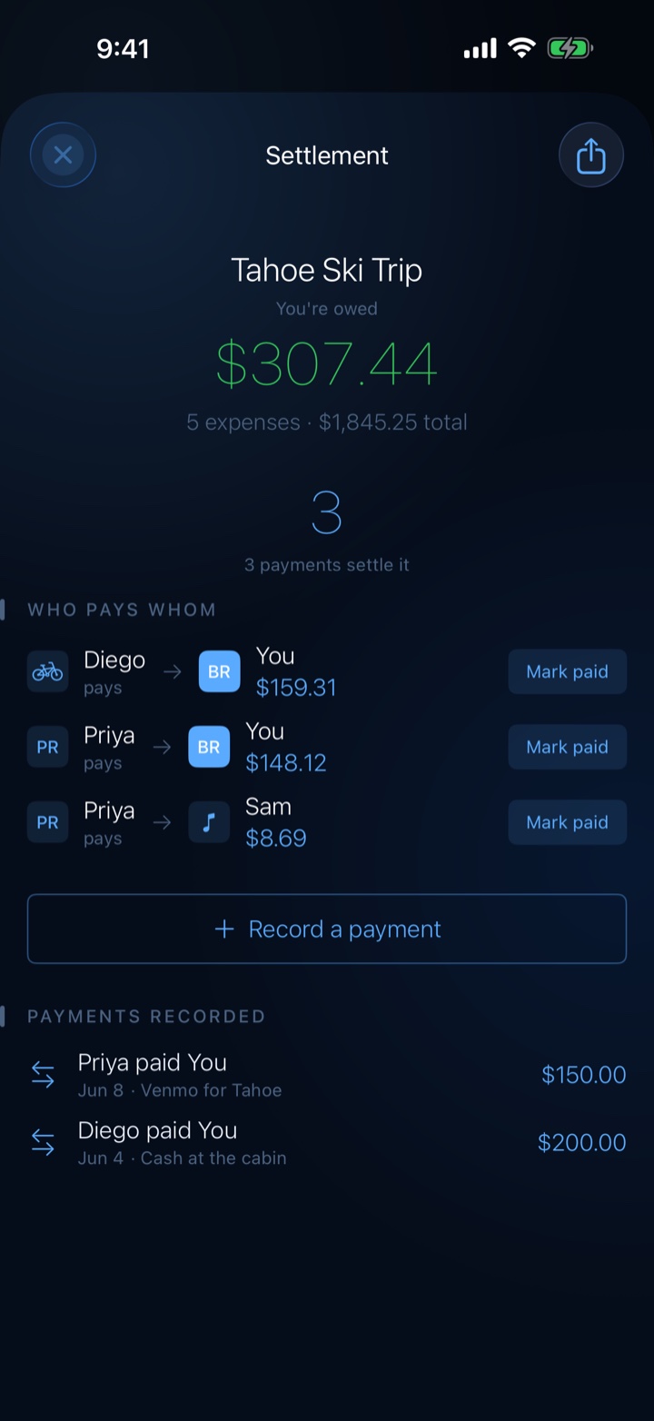 Eveno Settle Up screen showing the fewest payments to square everyone up
