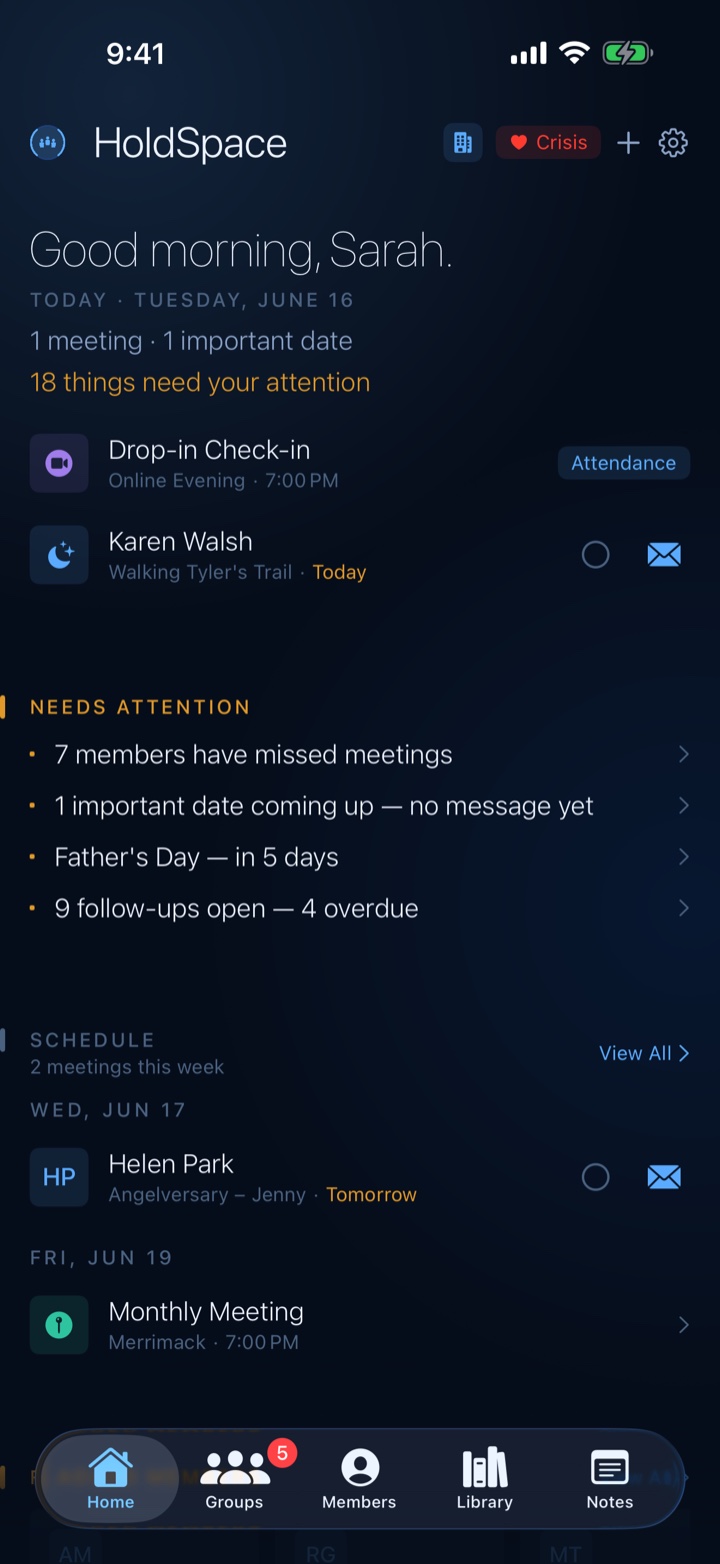 HoldSpace Home screen showing today's meetings and what needs attention