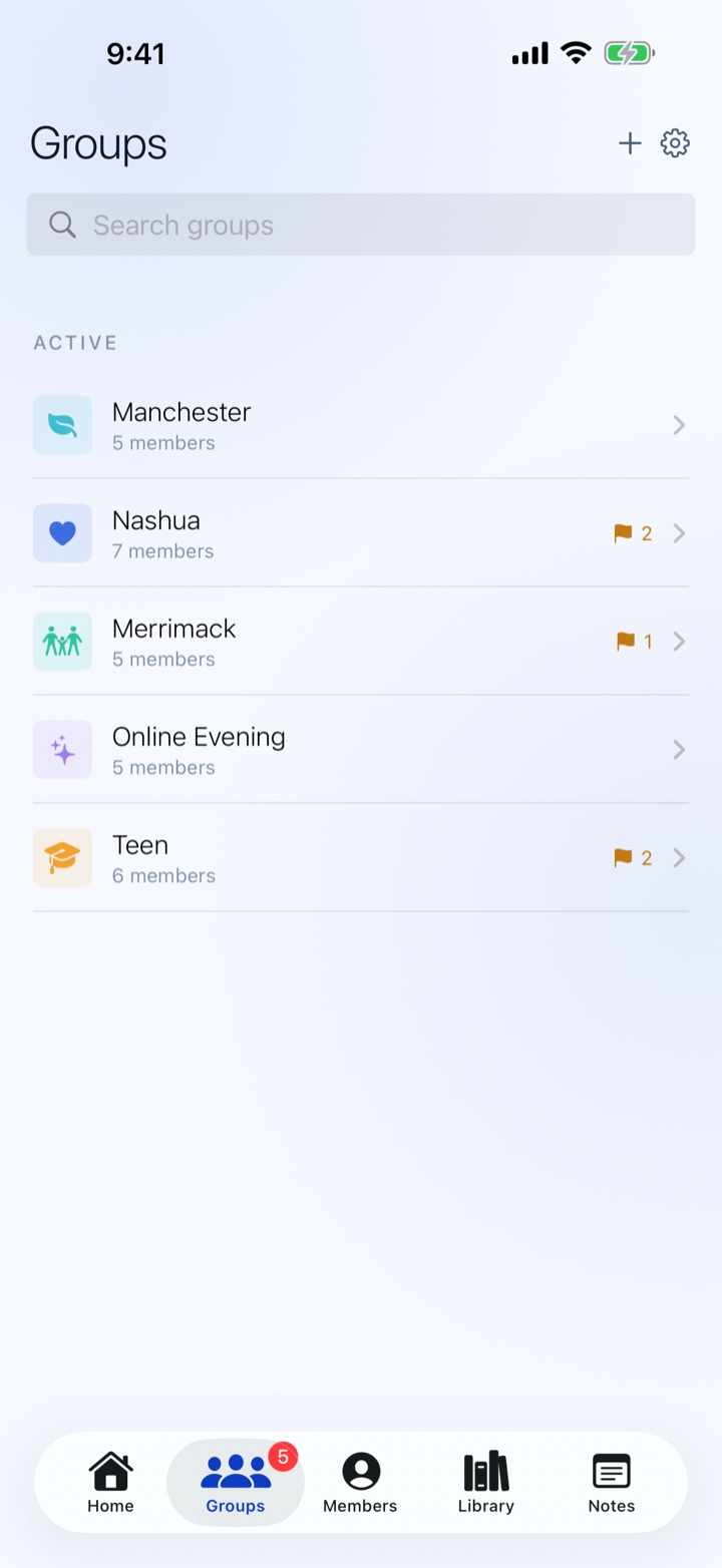 HoldSpace Groups screen listing the support groups you facilitate