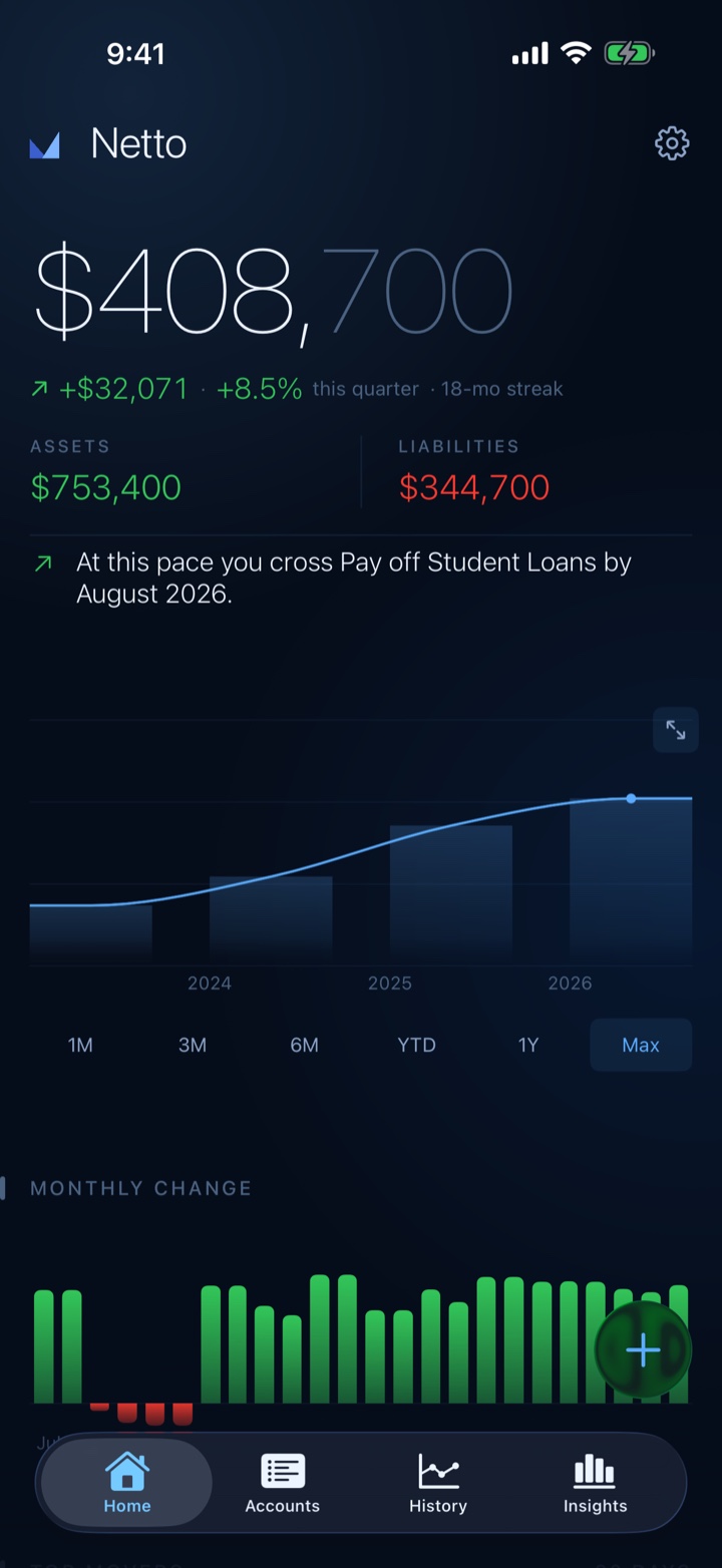 Netto Home screen showing current net worth, quarter change, and a highlighted insight